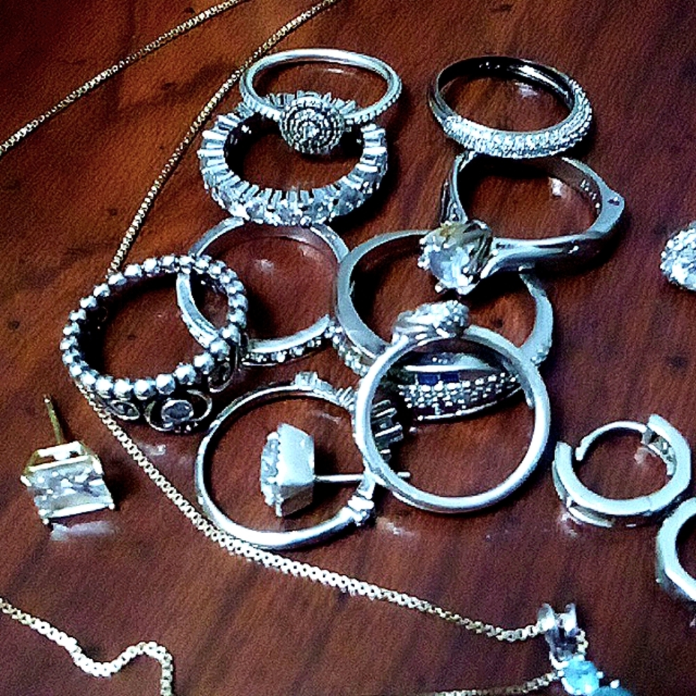 Sterling silver, small diamonds, zirconia studs, semi precious stones